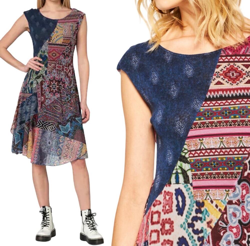 Desigual Boho Patchwork Print Mesh Midi Dress Sleeveless A-Line Blue Red Small